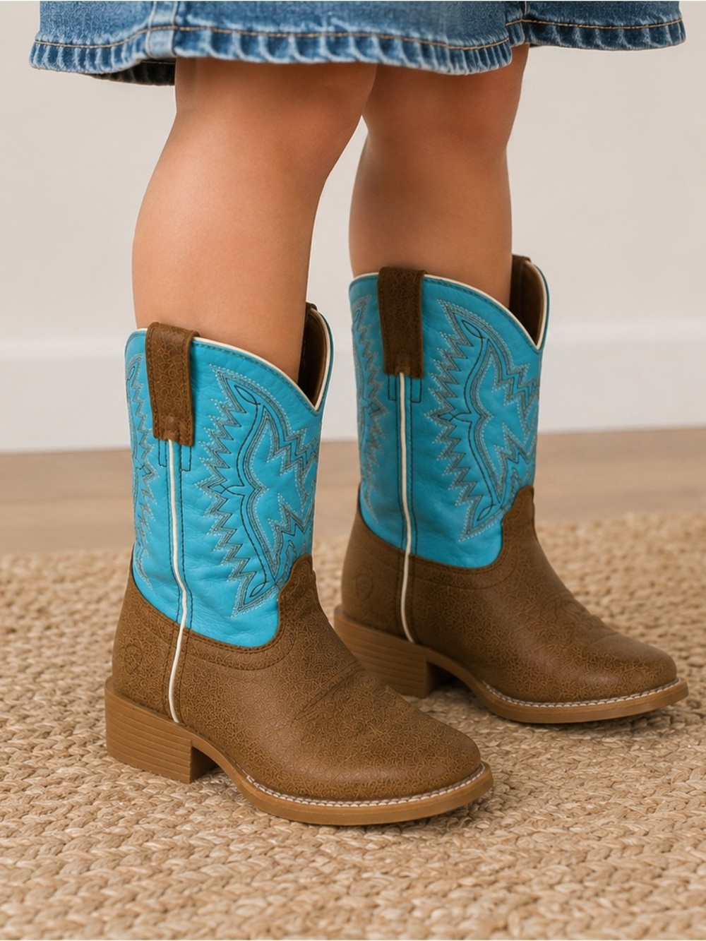 Ariat Children's Bustin Blue Cowboy Boots Brown Leather and turquoise shaft 12.5